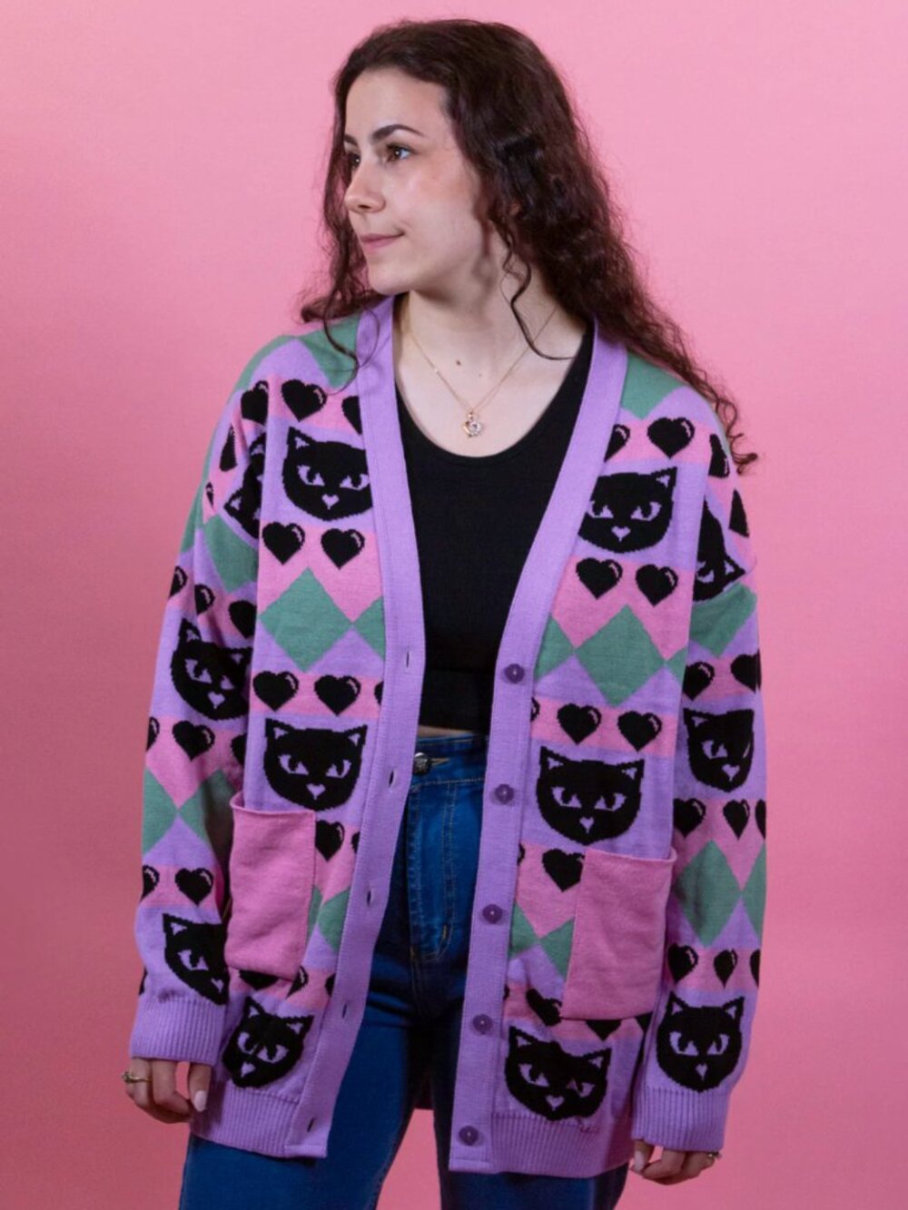 NWT Home of Rainbows Pastel Kitty Knit Cardigan XL